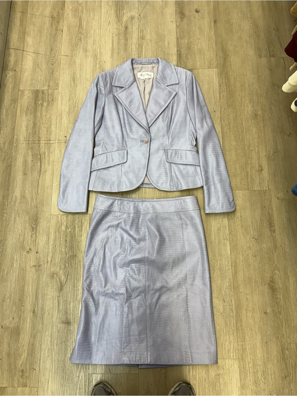 Max Mara Blazer/Skirt Set Embossed Leather Lavender Purple Sz 12